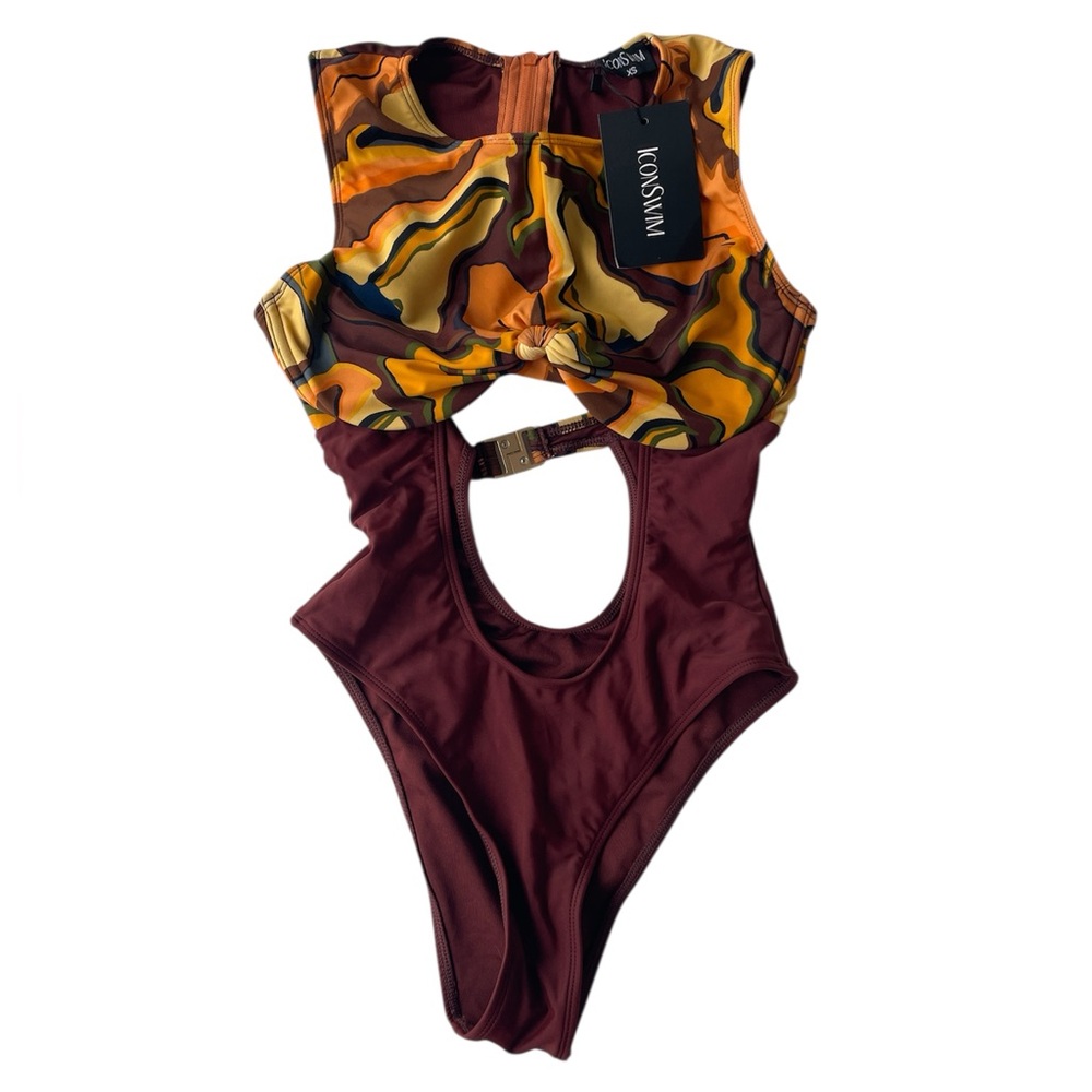 Iconswim One Piece Swimsuit Brown Orange Retro Cut Outs Back Zipper Underwire XS
